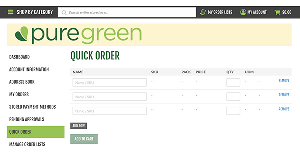 Pure Green online ordering storefront screenshot