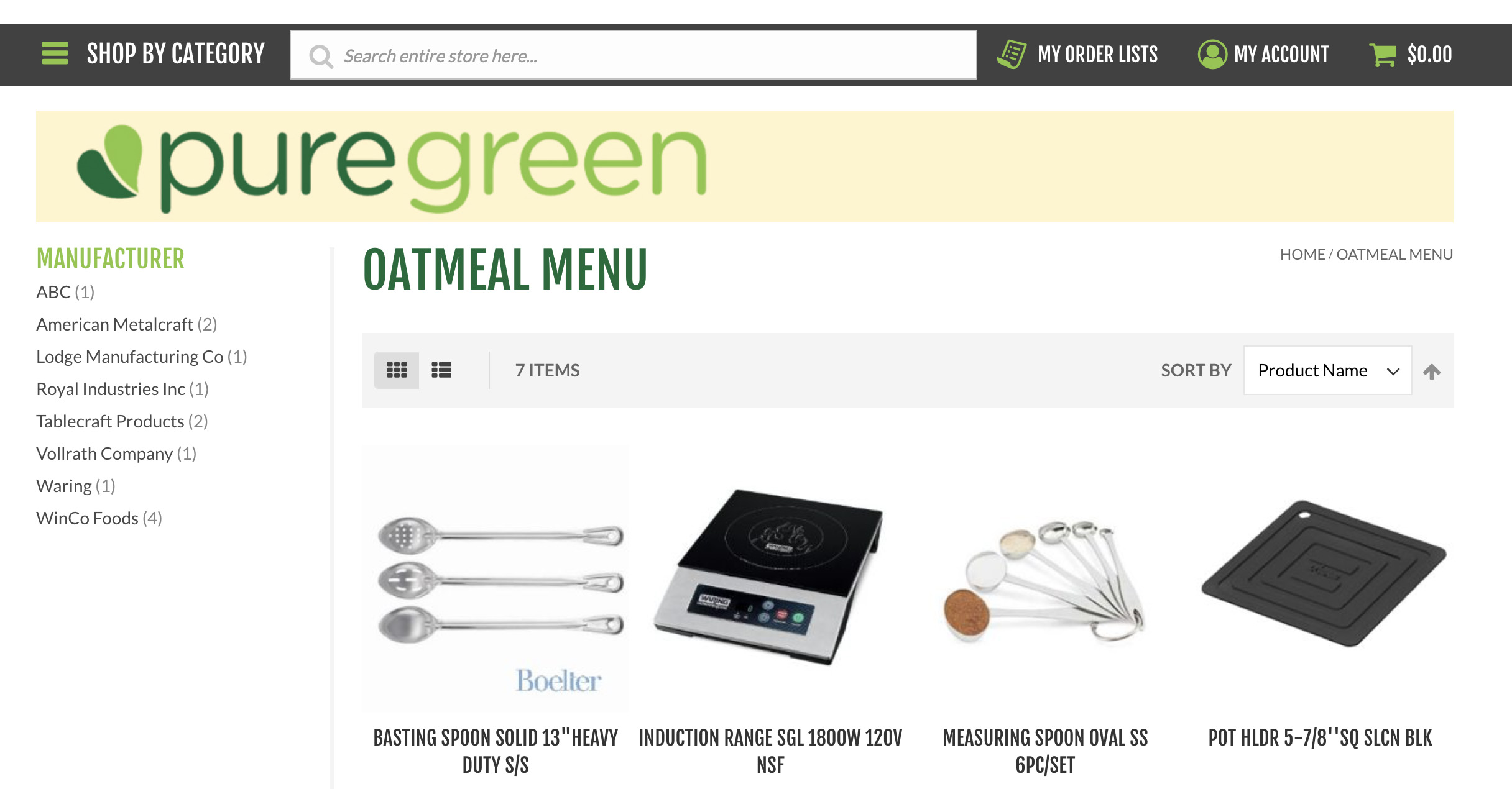 Pure Green online ordering storefront screenshot